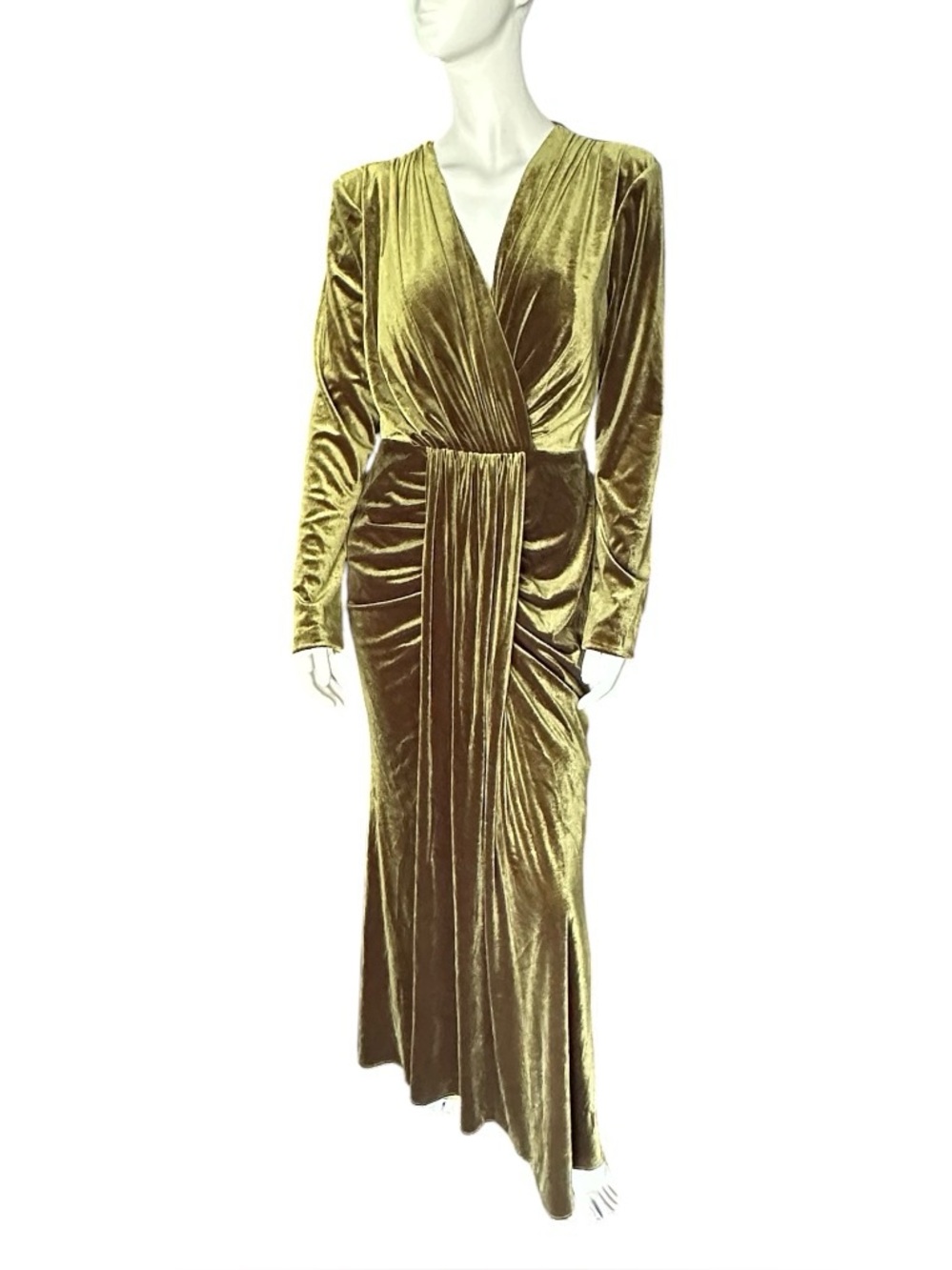 Inewer Stretch Velvet Long Sleeve Draped Formal Dress Olive Green SIZE 12 NWT